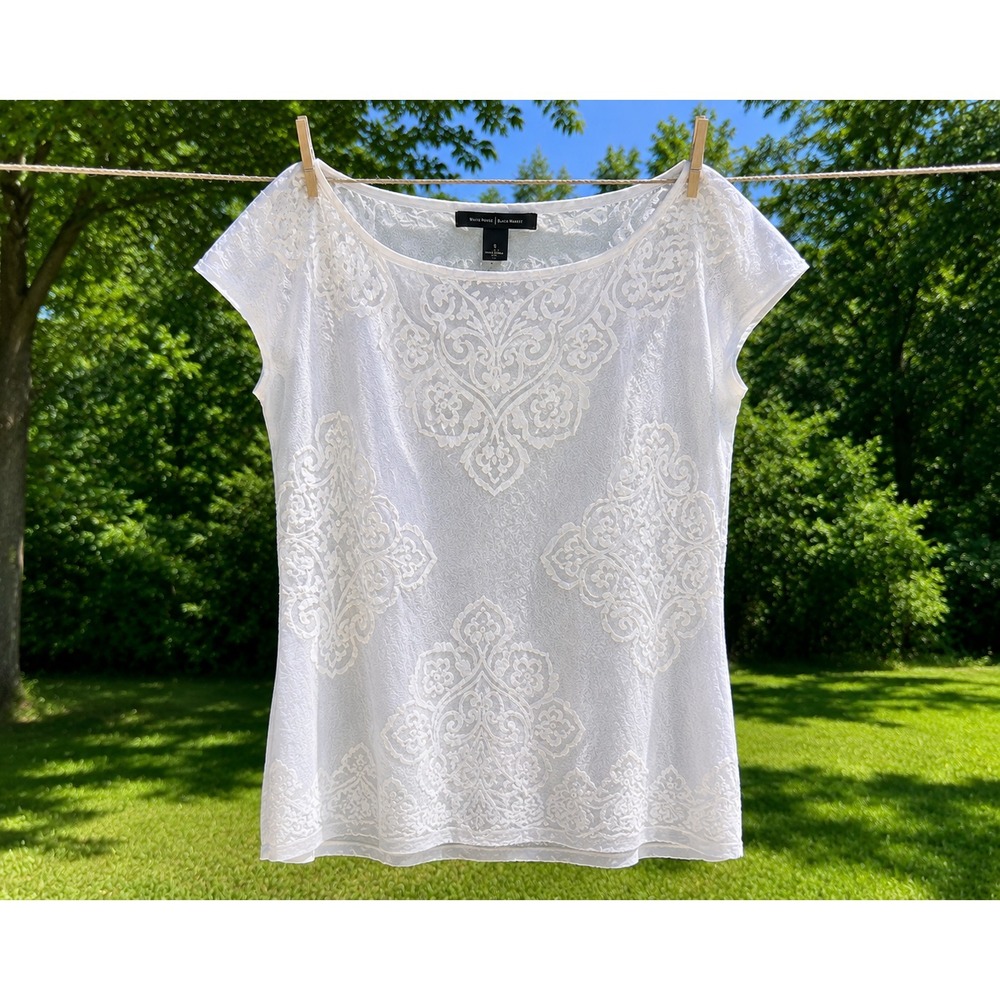White House Black Market Sheer Lace Top Womens Large White Short Sleeve